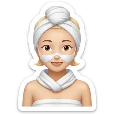 cute girl with her eyes closed and smiling, wearing a white spa towel as her clothes in she has a white spa towel on her head, white face skincare mask sticker