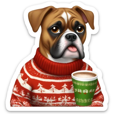 Chubby boxer dog in a festive christmas sweater drinking hot chocolate sticker