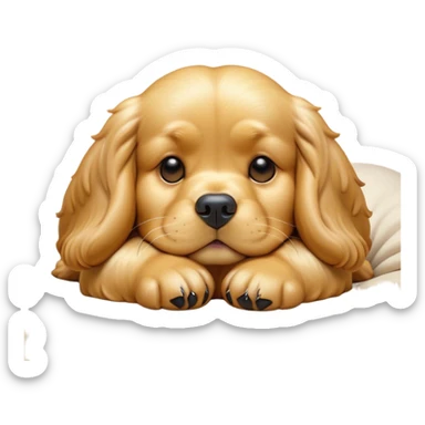 Cinematic Meme-Worthy Chubby Sleeping Gold Cocker Spaniel Portrait Emoji, Head resting peacefully with a contented smile, showcasing a delightfully chubby build and a luxuriously soft golden coat, eyes shut in a serene nap, Simplified yet hilariously adorable features, highly detailed, glowing with a soft, drowsy light, high shine, relaxed and utterly lovable, stylized with an air of playful laziness, bright and heartwarming, soft glowing outline, capturing the essence of a comically sleepy companion, so meme-worthy it feels like it could instantly become the next viral sensation of adorable slumber! sticker