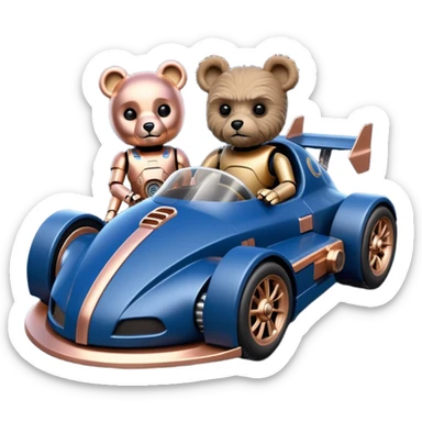  Space-weathered/Carbonized Metallic dark blue and rosegold-accented  racing car for furry-faced grey bearded evil alien scary robot teddy bear and passenger with custom aero body and rear spoiler (Star Wars style) sticker