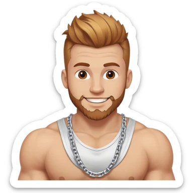 Happy muscular 28 year old man with silver chain. Has light brown hair that has and reddish blond  highlights, and a fauxhawk with trimmed beard cleaning sticker