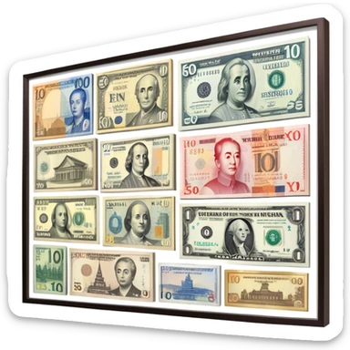 Icon for Banknote Collecting: old and new banknotes from different countries such as Euro, Dollar, Yen, Krona, Yuan, and others, displayed in frames on a wall. The icon should evoke the diversity and richness of currency collection. Transparent background. sticker