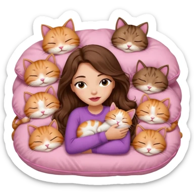 girl with long wavy brown hair, brown eyes, long lashes makeup, sexy pink lips, light to medium complexion, sleeping on a cozy pillow, with 6 cute cats, sleeping sticker