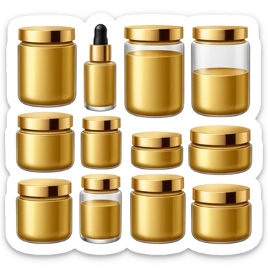 Varios produtos de beleza com tampa dos potes dourados e fundo transparente pra usar como figurinha sticker