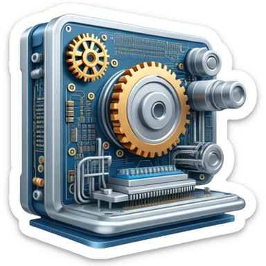An icon featuring a giant machine soldering a huge microchip, symbolizing engineering. The design includes mechanical gears, circuit boards, and a blueprint, representing the precision and innovation in designing and building technology. Transparent background highlights the art of engineering sticker