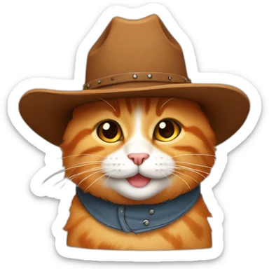 pure orange small chubby hairy bobtail cat while wearing a brown cowboy hat and smiling sticker