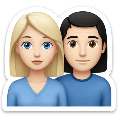Blond woman with blue eyes on left. And a Man with black hair and grey eyecolor in the middle. And a blank woman with brown hair and grey eyes on the right. Happy together sticker
