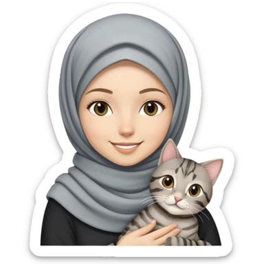 White girl wearing pretty hijab holding a black grey tabby cat while smiling sticker