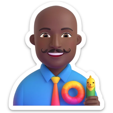 Oxumarê as a very happy and spontaneous smiling 37-year-old bald man with very dark skin, smooth oval head, indigenous facial features, mustache with circular beard only on chin (no hair on sides), a round mole on the right side below the lip, wearing a blue striped dress shirt, and a rainbow serpent, Memoji style sticker
