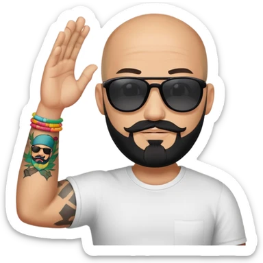  Bald man with sunglasses black beard raising hand with only one colorful tattoo on forearm  sticker