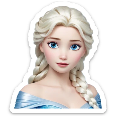 Cinematic Realistic Elsa Portrait, depicted with lifelike skin texture, soft natural lighting, and intricately detailed platinum blonde hair styled elegantly. Her striking, expressive blue eyes exude confidence and grace, complemented by a serene and regal expression. She is dressed in her signature icy attire, with shimmering fabric textures and delicate folds that catch the light beautifully. The portrait features a soft, enchanting glow with a cool, radiant finish, capturing the essence of timeless elegance in a realistic and painterly style, evoking a sense of depth and authenticity. sticker