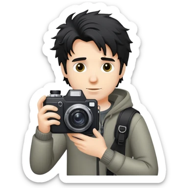 a white man with black messy hair holding a foto camera sticker
