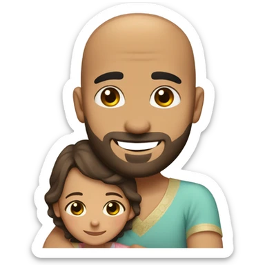 Brown-haired Puerto Rican woman with dark brown eyes wearing a cute blouse giving a comforting hug to a short, bald man with brown eyes, laugh lines, and a beard sticker
