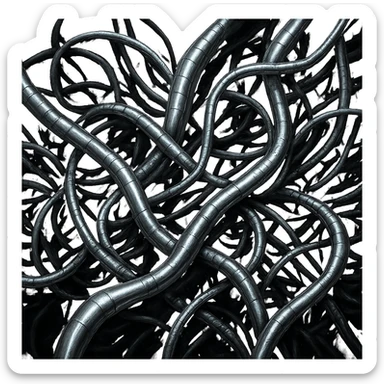 Make the intertwined wires appear highly metallic, with reflective chrome and steel textures, biomechanical, Giger-inspired, dark and surreal. sticker