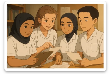 Four nursing students in Ghibli style, inspired by the faces in the photos, discussing and exchanging documents, wearing short-sleeved white uniforms with V-neck medical tunics, left chest pocket, no collar stand, no stethoscopes, bare forearms, long hair tied back for those who have it. Friendly and studious indoor atmosphere. sticker