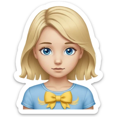 A girl with fair complexion, dirty blonde hair and ocean blue eyes with yellow surrounding the pupils, wearing a light grey waist length top with a small embroidered bow near the top sticker