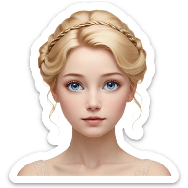 Cinematic Realistic Cinderella Portrait, depicted with lifelike skin texture, subtle rosy undertones, and soft natural lighting that enhances the gentle contours of her face. Her intricately detailed golden blonde hair is elegantly styled in an updo, with delicate wisps framing her face. Her deep, expressive blue eyes radiate warmth and sincerity, reflecting a quiet resilience and grace. She holds a glass slipper gently in one hand, her other hand resting gracefully at her side, emphasizing the timeless beauty of the moment. She is dressed in her iconic ball gown, the fabric shimmering with intricate embroidery and fine translucent layers that catch the light beautifully. The soft sheen of satin gloves adds a magical touch to her graceful pose. The portrait features an enchanting glow with a natural, luminous finish, seamlessly blending realism and fairytale charm to evoke a sense of depth, elegance, and timeless beauty. sticker