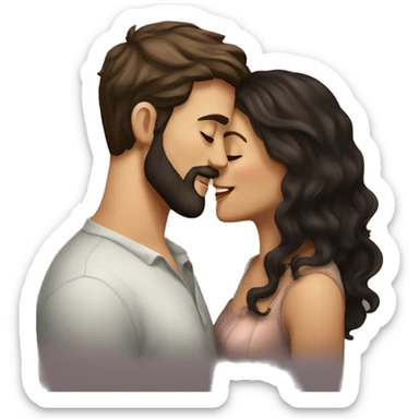 Beautiful fair woman with dark long wavy hair kissing tall handsome fair man with dark beard and short wavy hair sticker