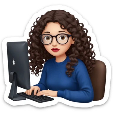 a european white young woman with very long wavy dark brown/chocolate hair with curls at the end of her long hair typing in a computer. she's using round glasses, her lips are light red and her cheeks slightly pink. Her eyes are dark brown. She's using a dark blue knit sweater  sticker