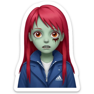 Crie um emoji de uma menina com bochecha gordinha com o cabelo vermelho longo com uma franja reta zumbi casaco de gola alta da adidas sticker