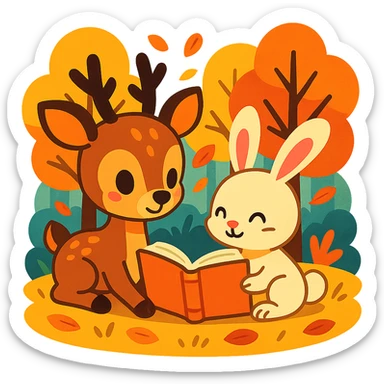 cute deer and bunny reading together in a soft autumn forest scene, vibrant-toon style sticker