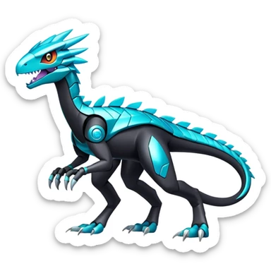 Shiny Futuristic Celestial Fakemon-Pokemon-Digimon-Spectrobes-Raptor-fusion, full body, four legs, black body, cyan accents, scales sticker