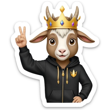 Goat with horns wearing black hoodie and a royal crown do the peace sign sticker
