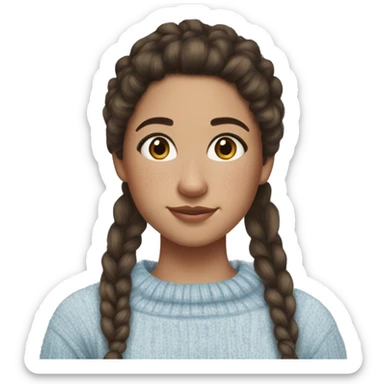 teenage girl, hispanic, freckles, afro brown hair, pony tail, medium length hair, brown eyes, light blue sweater, winter sweater, freckle sticker
