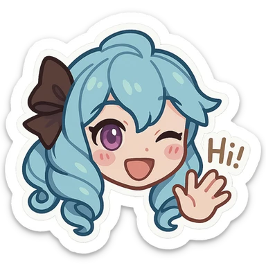 Gwen from League of Legends, chibi emote style, only head visible, right eye purple, happy hi expression, waving hand, eyes open, cute and expressive sticker