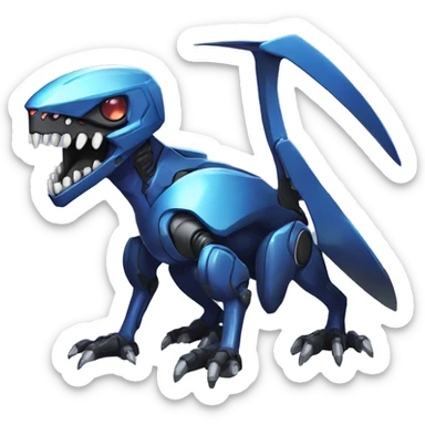 a black-blue Genesect-Raptor-Fakémon—hybrid with a futuristic visor-helmet full body sticker