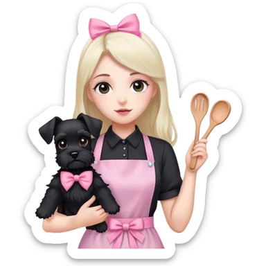 pale girl with long back hair wearing black long shirt wearing apron holding black  schnauzer pink bow sticker