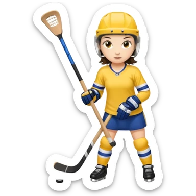 Girl hockey player with yellow jersey full body brunette with helmet sticker
