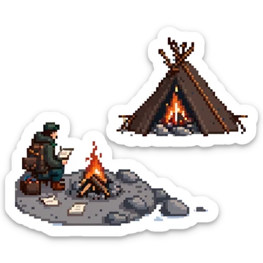 penguin on a rocky polar shore, throwing secret documents, manuscripts, photos, archives into a campfire, looking around cautiously; distant horizon shows two people with wolf sled, rifles, skis sticker