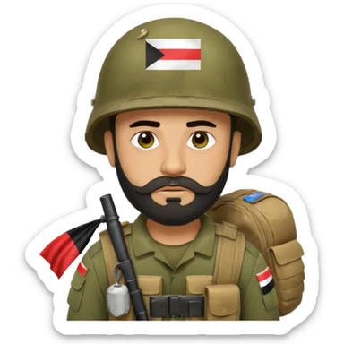 A very tired and sad, swarthy Iraqi soldier with a beard, an Iraqi flag on his helmet, a sad expression and bags under his eyes sticker