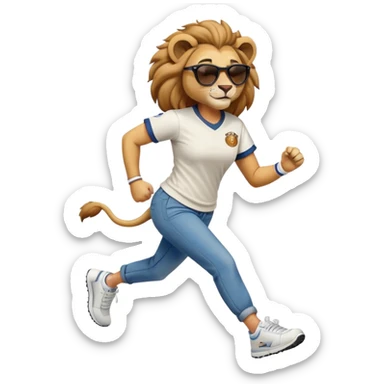 confident anthropomorphised female lion wearing a baseball shirt, jeans, trainers, dark sunglasses, jogging with a smile sticker