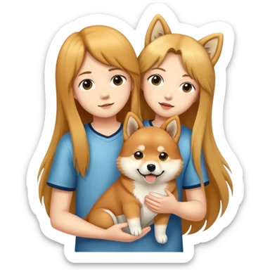 A long-haired girl -and- a boy -holding- a Shiba Inu sticker