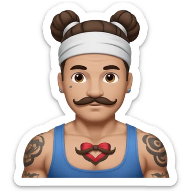 single big bun brunette hair man and mustache and face tattoos very heavy and headband sticker