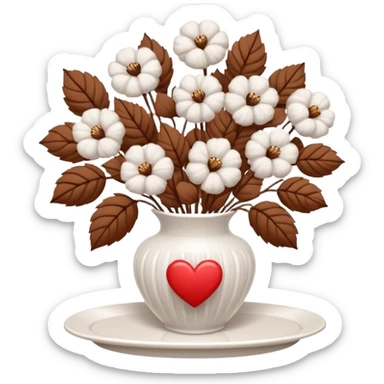a bouquet of cotton flowers with brown dried petals, in a white ribbed vase on a white tray. next to it is a figurine in the form of a white heart sticker