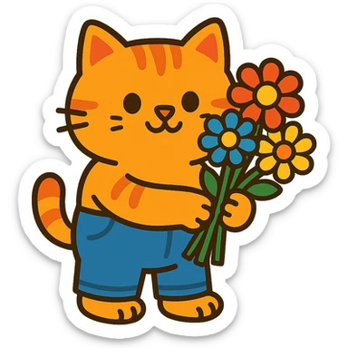 a chubby kitten in pants with a bouquet of flowers sticker