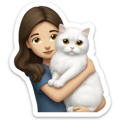 Brunette girl snuggling white Persian cat sticker