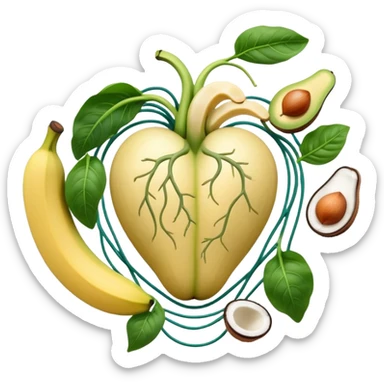 Banana, avocado, potato, spinach, coconut, white beans, and melon surrounding a glowing heart and nervous system network. Gentle electrical waves flow from the foods to the organs and muscles, illustrating how potassium maintains fluid balance and electrical stability throughout the body. sticker