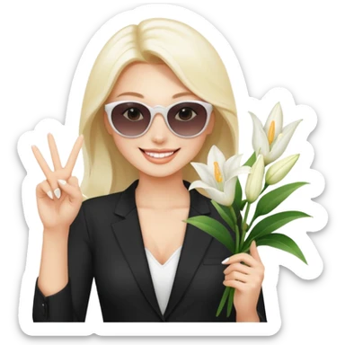 Professional sexy woman smiling holding lilies posing in shades  and flashing peace sign fingers sticker