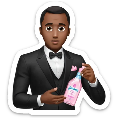 A realistic product shot of a transparent bottle of Johnson’s Baby Oil by Johnson & Johnson, featuring a soft pink label. The oil inside is crystal clear and glossy. Sean "Diddy" Combs in black suit is holding the bottle sticker