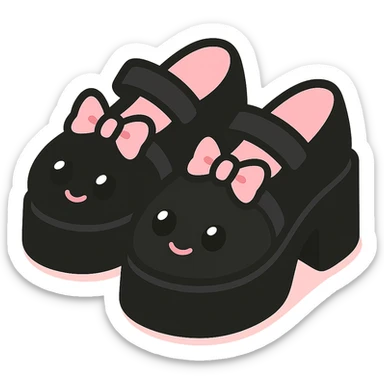 Make the shoes primarily black with pink and pastel accents, kawaii style, no socks, no hearts, transparent background sticker