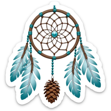 Winter-themed snow-covered spruce pine wooden pinecone dreamcatcher with white feathers, silvery chains and teal leaves sticker
