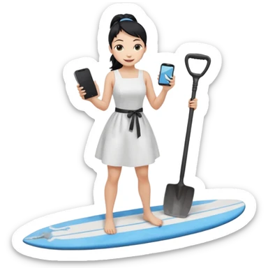 Princess who wearing white dress (woman) black ponytail hair holding her cellphone and  one garden iron shovel with another hand. there is one blue surfing board under her feet. She is looking at her phone. sticker