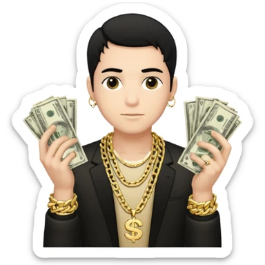 Has un chico con mucha plata en sus manos y en su alrededor, Con una chain que diga "JovenBallin" y que tenga pelo negro y sea piel blanca sticker