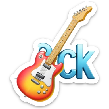 A 3D Apple-style emoji showing the word "ROCK" in bold metallic letters, with a small electric guitar leaning on the text, vibrant glowing effect, playful and energetic cartoon style, symbolizing rock music. sticker