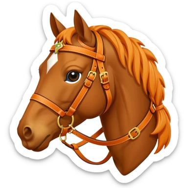 Hermès-style horse head emoji, detailed harness with Hermès orange, gold buckles, luxury feel, cute sticker