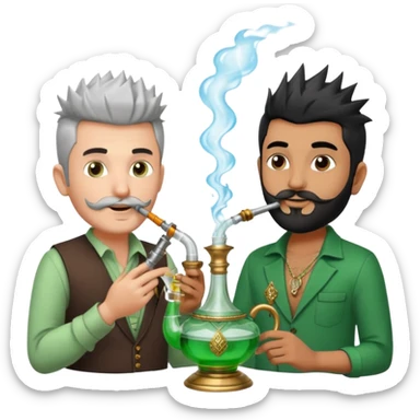 Brass hookah with green design on a glass water base on the top; with two smoke pipes where people are holding them and smoking - one white guy with spikes (silver and black hair) and another Tamil handsome with little beard Indian guy. The Tamil guy is not having spiky hair  sticker